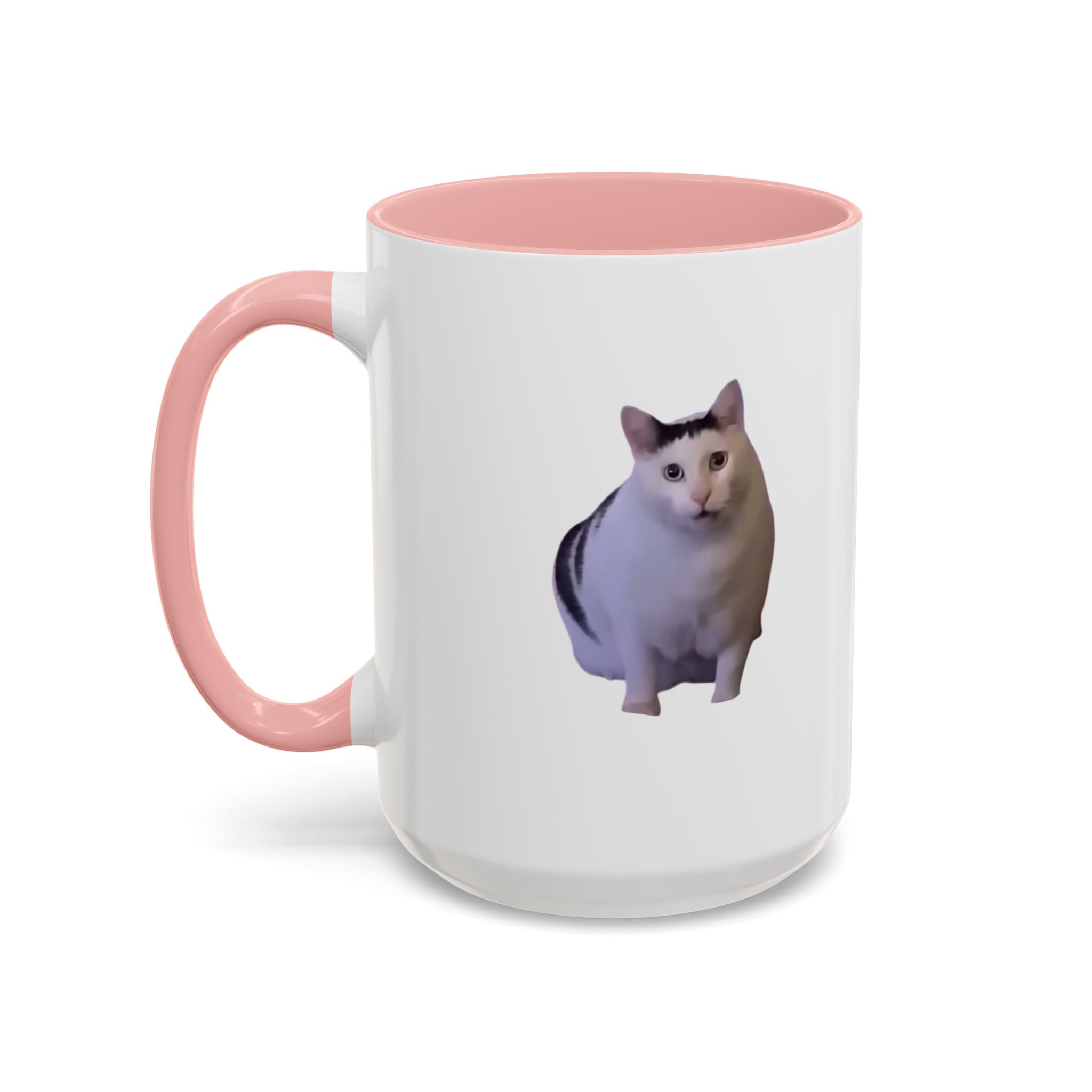 White mug with pink handle and interior, featuring a cat illustration on a white background
