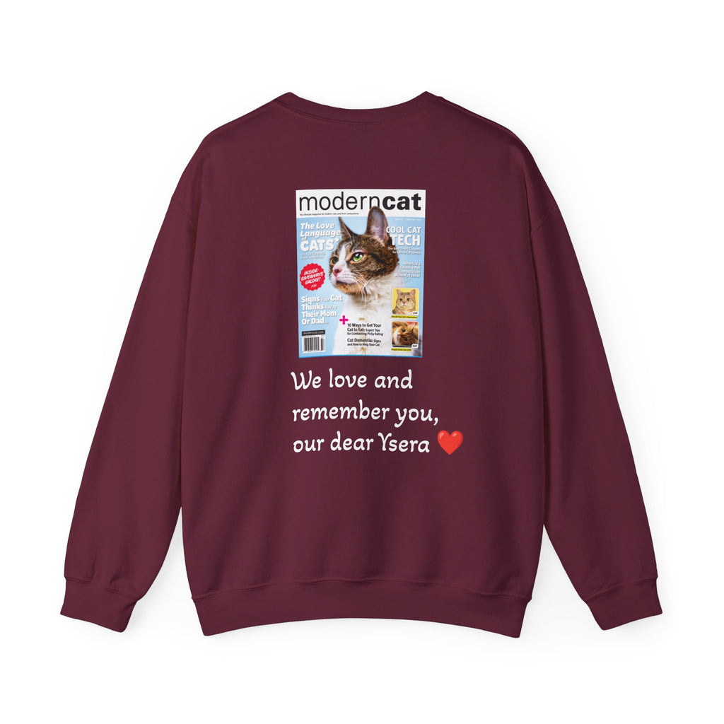 Maroon sweatshirt with a printed design on the back featuring a cat and text.
