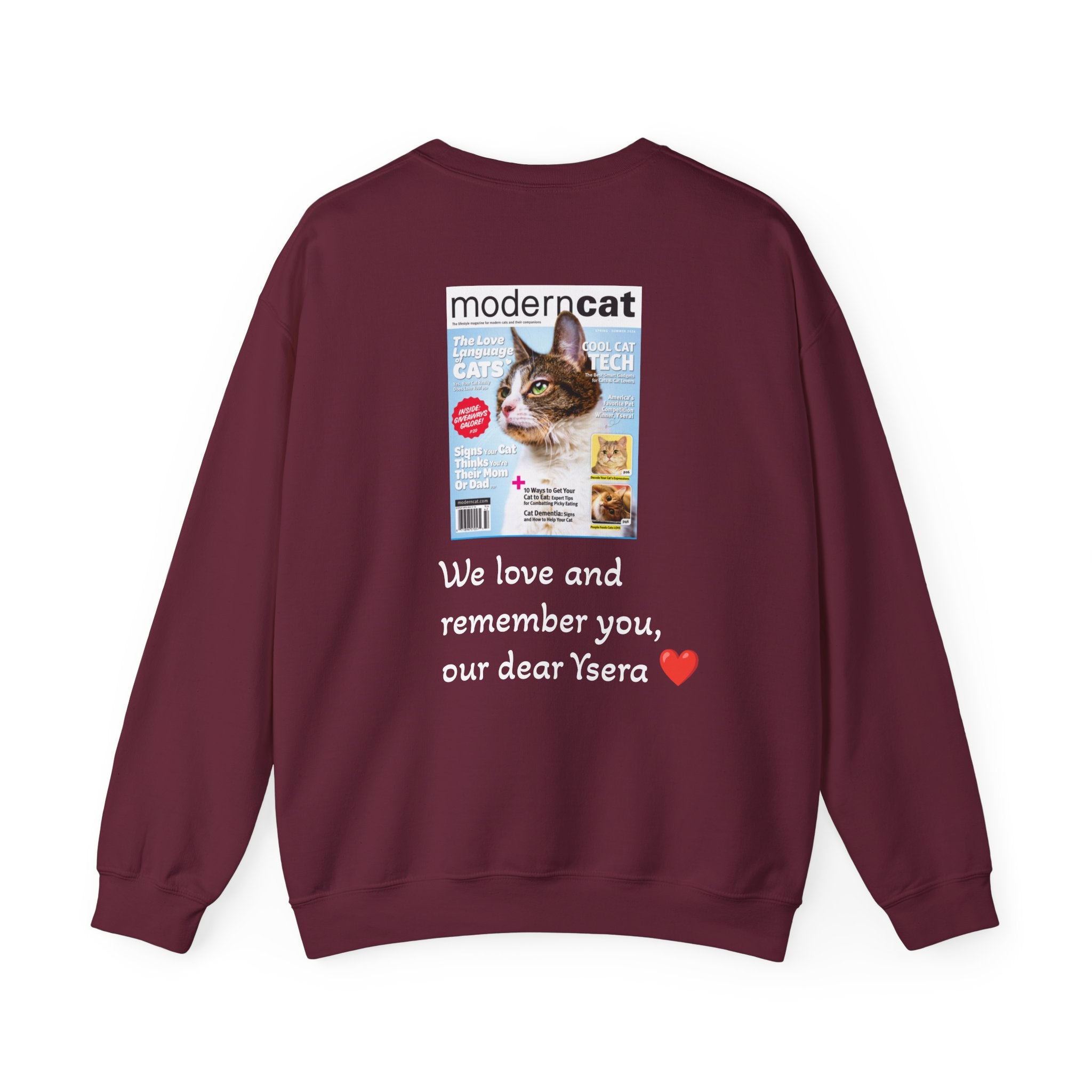 Maroon sweatshirt with a printed design on the back featuring a cat and text.