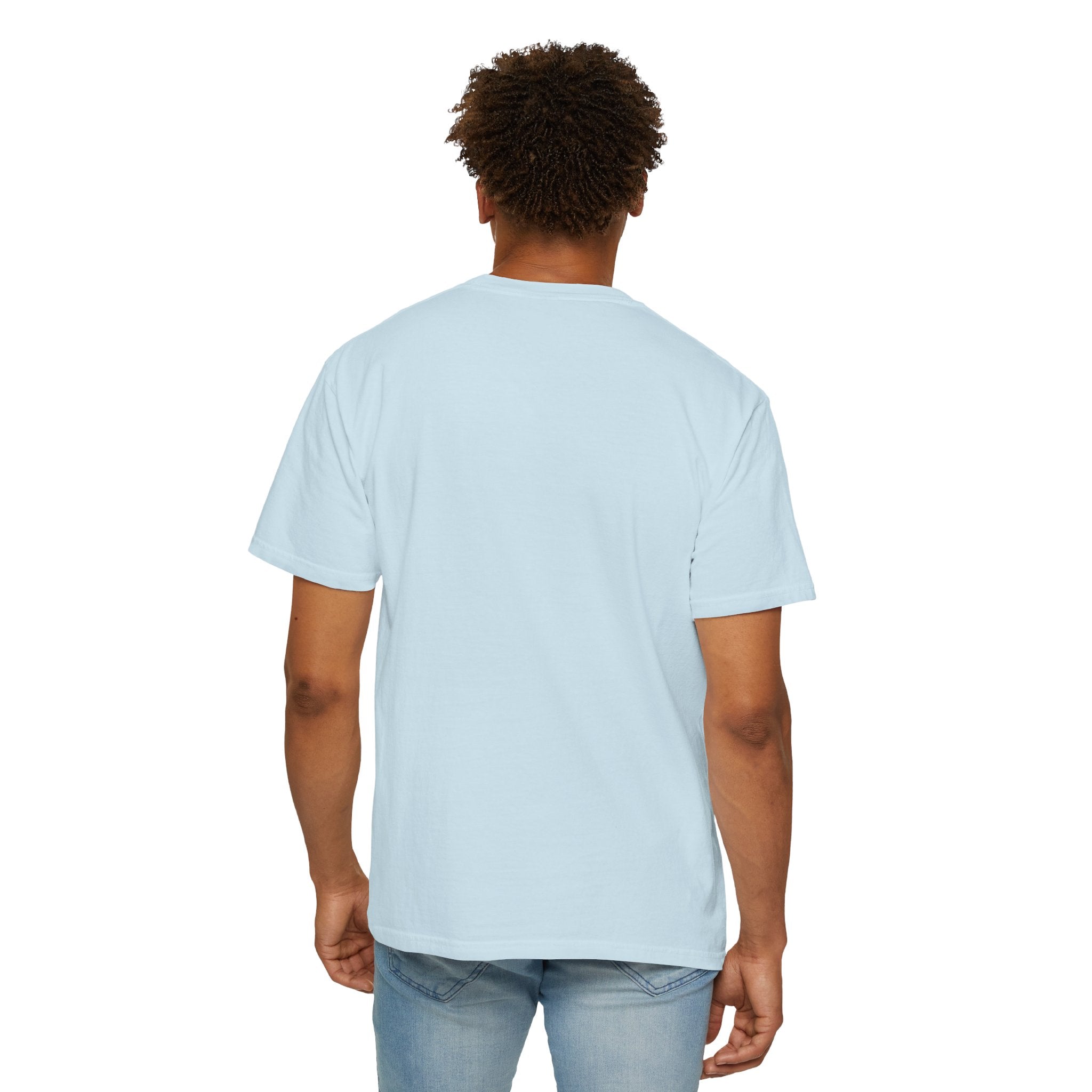 Person wearing a light blue t-shirt on a white background